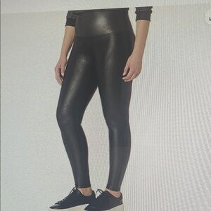 SPANX Black Faux Leather Power Waist Band High Rise Bodycon Leggings Size Medium
